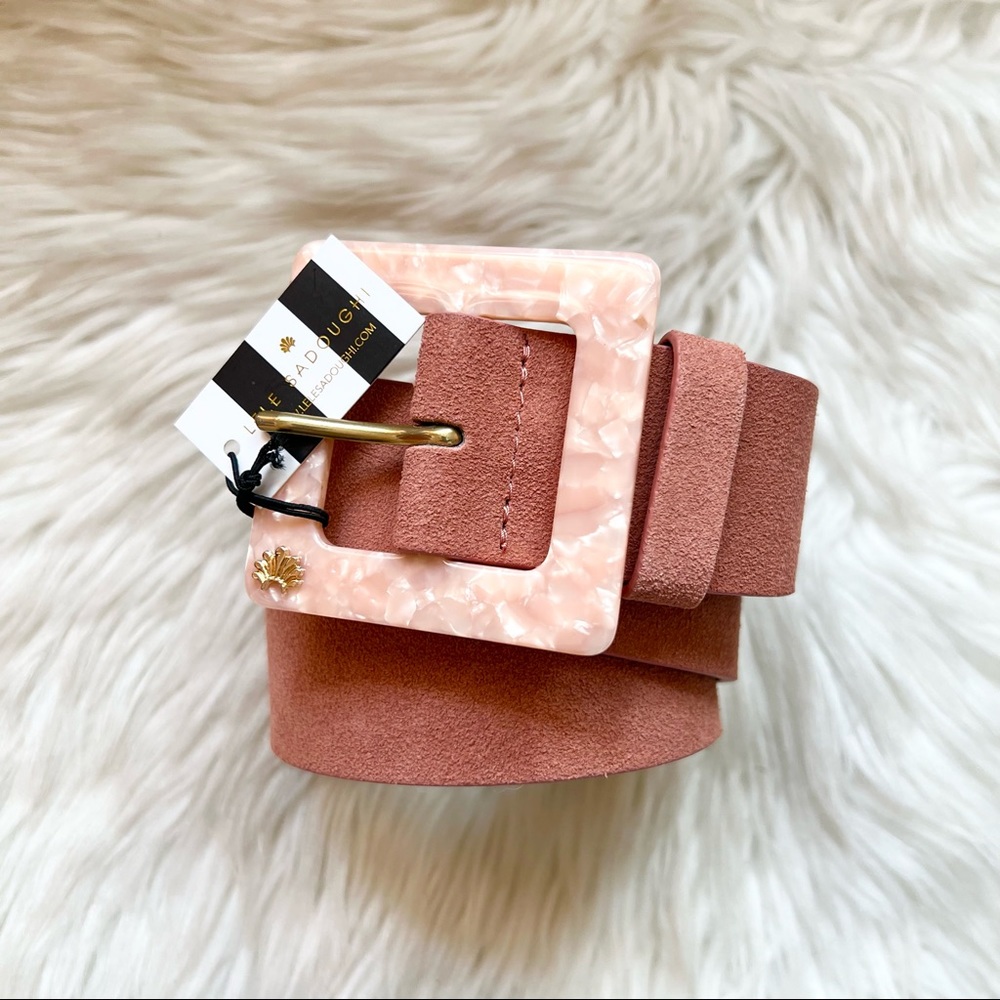 New! Very Rare LELE SADOUGHI Marble Acetate Buckle Suede Belt in Blush - Picture 3 of 9